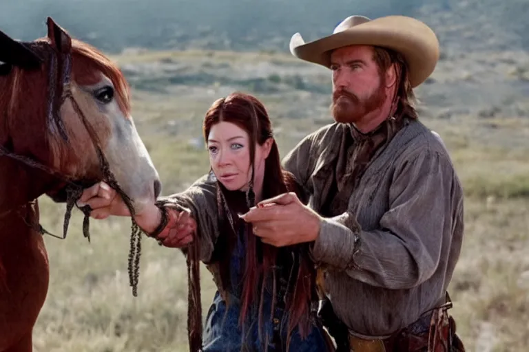 Prompt: screenshot from western movie, starring young alyson hannigan