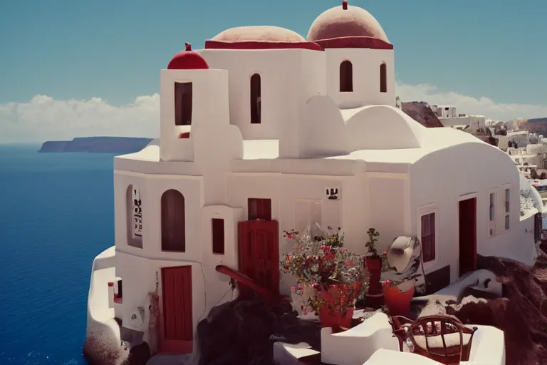 Image similar to spherical island Santorini in space by Wes Anderson in , film, shot on 35 mm