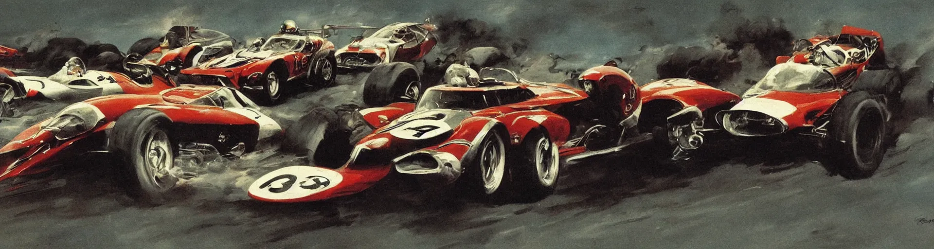 Prompt: a detailed car racing by frank frazetta