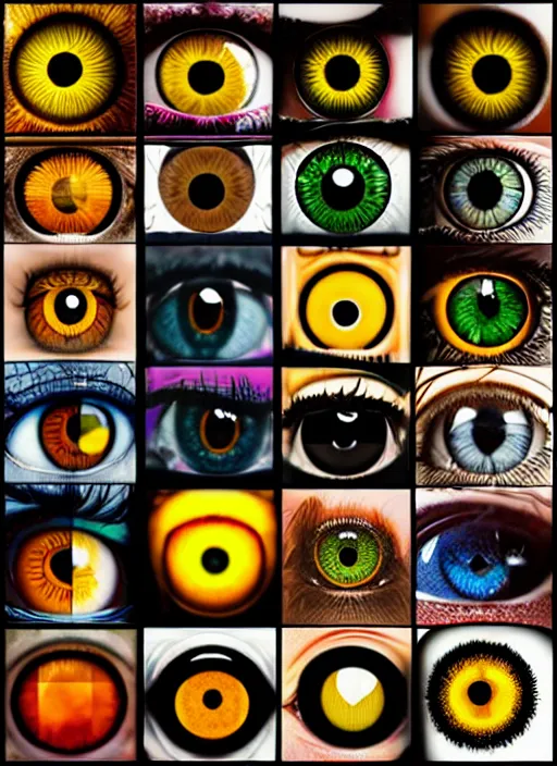 Prompt: grid montage of square shaped eyes, square shaped dilated pupils, square irises, detailed colored textures, eyelashes, advanced art, art styles mix, from wikipedia, wet reflections in eyes, sunshine light, hd macro photograph, from side, various eyelid positions, square black pupil centered