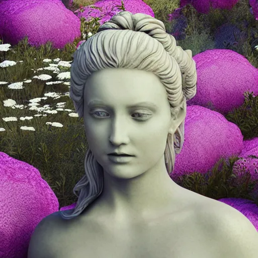 Image similar to an idealistic marble statue with fractal flowery hair in a fractal garden, unreal engine, 8k render, beautiful, full frame,