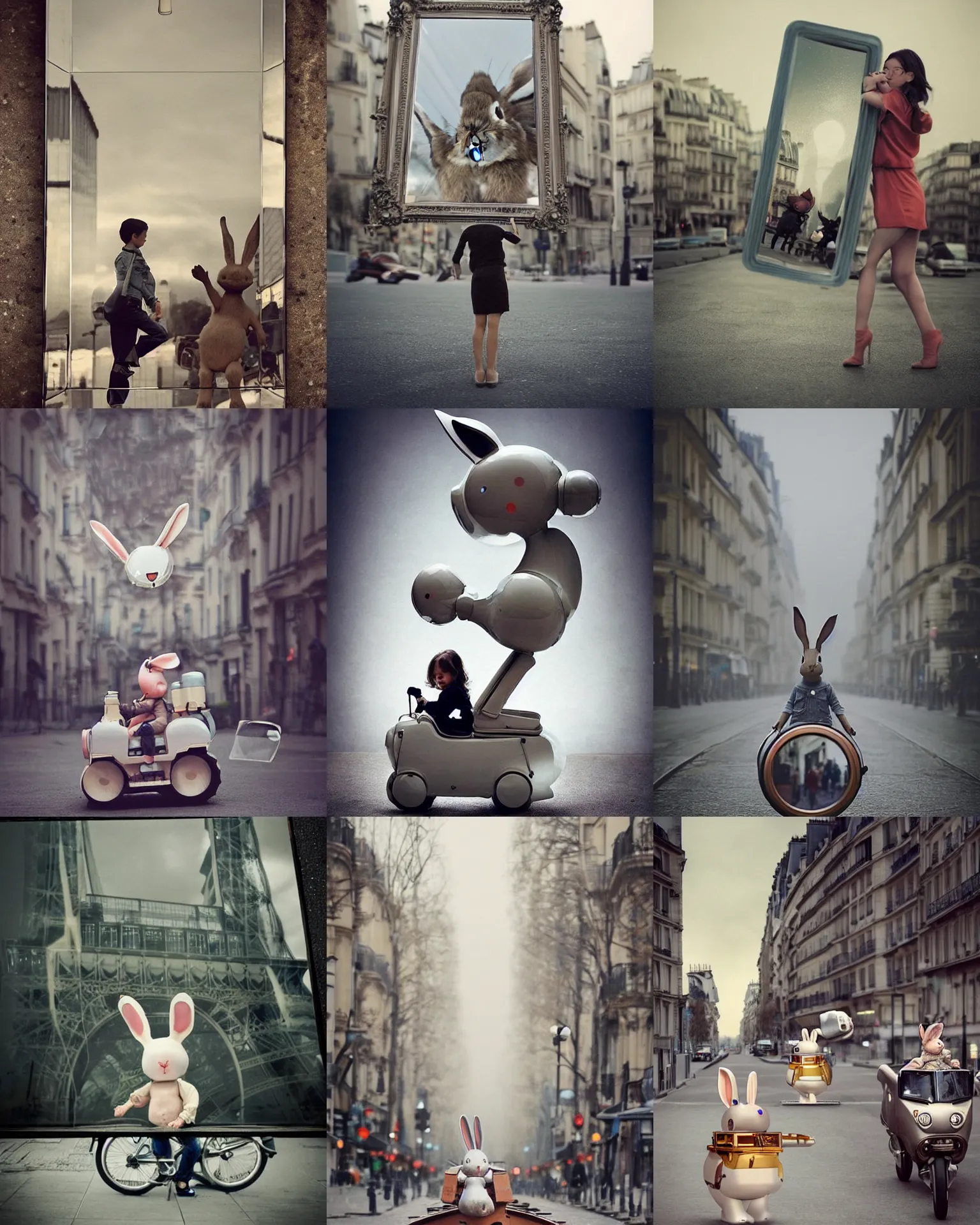 Prompt: epic pose!!! Whimsical giant oversized glassy mirror battle rabbit robot chubby mech baby train with big head big oversized ears!! and rabbit , in paris , full body , Cinematic focus, Polaroid photo, vintage , neutral dull colors, soft lights, foggy sunset , by oleg oprisco , by national archives, by discovery channel, by victor enrich , by gregory crewdson