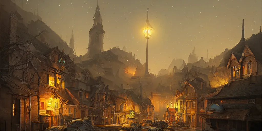 Image similar to illustration of close - up street view of pipe organ town, night, ground fog, by peter mohrbacher, by alex andreev, by jacek yerka, large depth of field, super detailed, digital art, trending on artstation, minimalism