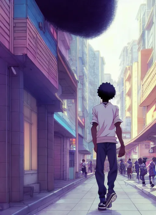 Prompt: handsome hip hop young black man walking down the street, joyful, anime style, scenery wallpaper aesthetic, pastel colors, symmetrical face, cinematic, dramatic, super detailed and intricate, hyper realistic, 4 k render, by artgerm, by kyoung hwan kim, by ralph mcquarrie, by yoshiyuki tomino