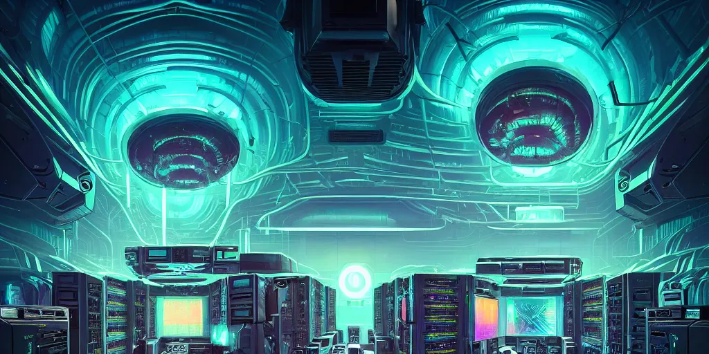 Prompt: massive iridescent brains powering a server room, connected to cables and a powerfull mothership, symmetrical, vintage soft grainy, dark synthwave, in the style of Oscar chichoni and Peter mohrbacher and Dawid planet