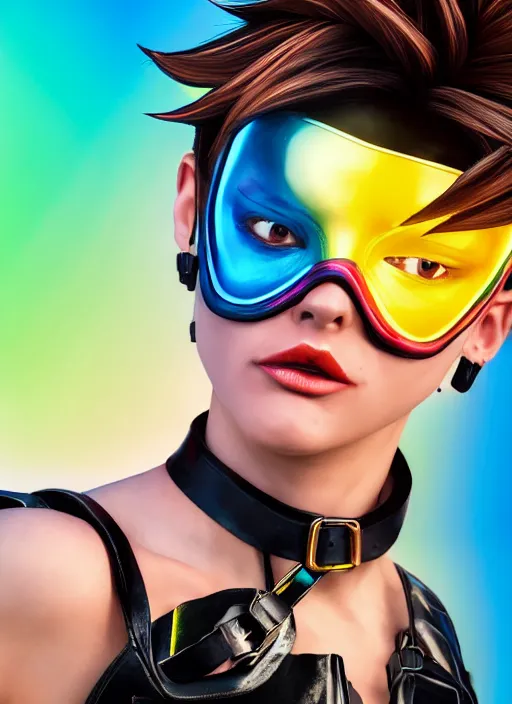 Image similar to hyperrealistic style portrait of tracer overwatch, confident pose, wearing black iridescent rainbow latex, rainbow, neon, 4 k, expressive happy smug expression, makeup, in style of mark arian, wearing detailed black leather collar, wearing sleek armor, black leather harness, expressive detailed face and eyes,