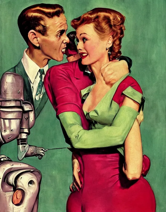 Prompt: a female housewife!!!! being hugged lovingly by a robot!!!! in a suit!!!, 1 9 5 0 s horror film movie poster style, ( norman rockwell oil painting ), close - up shot, retro science fiction, vintage, saturated pink and green lighting, shadowy lighting