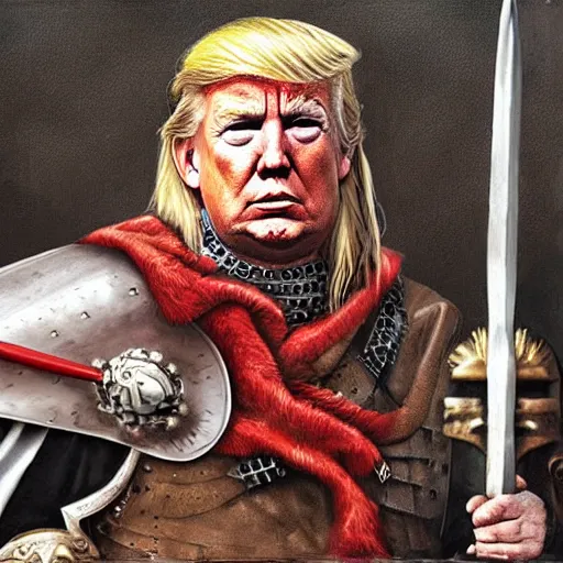 Prompt: trump as a viking, crusader times, bloody, epic painting
