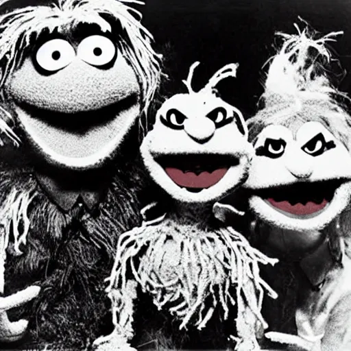 Image similar to zombie fraggle rock muppets, family photo of zombie muppets, photo from the 7 0 s