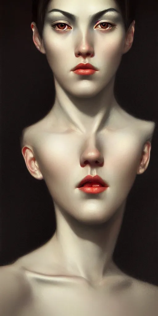 Image similar to very very beautiful portrait photo of chthonic AI face, Perfect face, extremely high details, realistic, by Edward Hopper, Tom Bagshaw , Rene Margitte