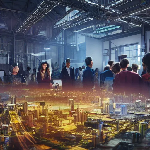 Prompt: large group people in a frame warehouse, looking at hologram of futuristic city on a table, cinematic concept art, godrays, golden hour, natural sunlight, 4 k, clear details, tabletop model buildings, tabletop model, hologram center, crane shot, crane shot, crane shot