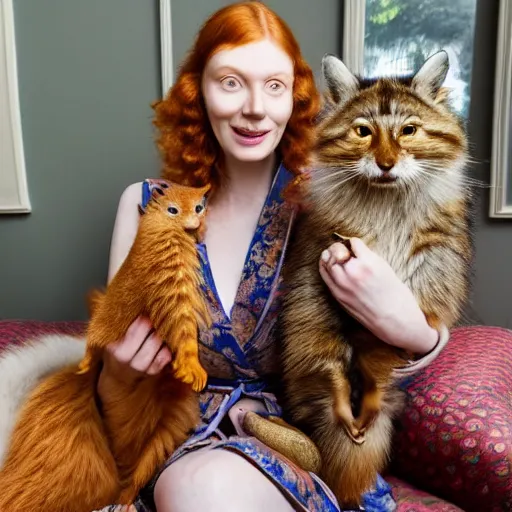 Image similar to a stunning hyper-detailed closeup portrait photo of a slender beautiful smiling woman with long ginger hair and bangs, wearing a luxurious silk robe, wearing headphones and posing with her large ginger tabby cat and her raccoon and parrots in an overstuffed easy chair in her sunlit victorian living room, holding a porcelain parrot-shaped coffee mug and a donut, perfect eyes, fashion photography, octane render, unreal engine, 85 mm lens,