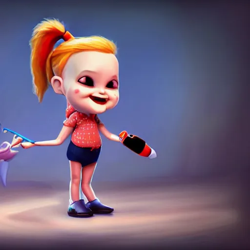 Image similar to baby harley queen caricature playing with a magic wand, full body, big head, large smile, pixar style, 4 k trending on artstation