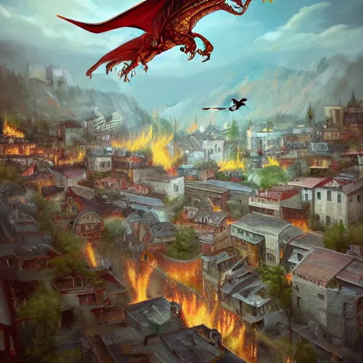 Prompt: a large dragon flying above a mid century village and blowing fire to the buildings below. Moody paining trending on artstation