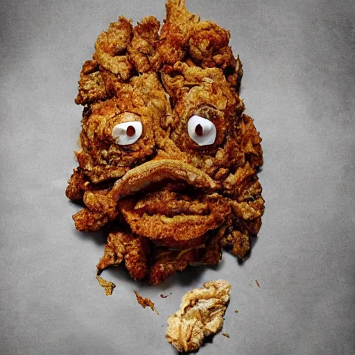 Prompt: a face made of fried chicken, fried chicken in the shape of a face, fried chicken looking like amanda seyfried