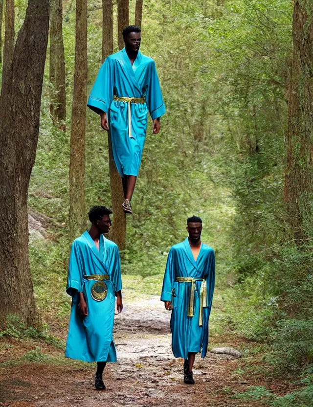 Image similar to longshot modern intricate textile ancient roman toga cloak nature african american walking along small creek river in the woods marc jacobs gucci blue - green robes gold design