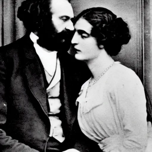 Prompt: Karl Marx and Ayn Rand kissing, wedding photo, 1920, Church backround