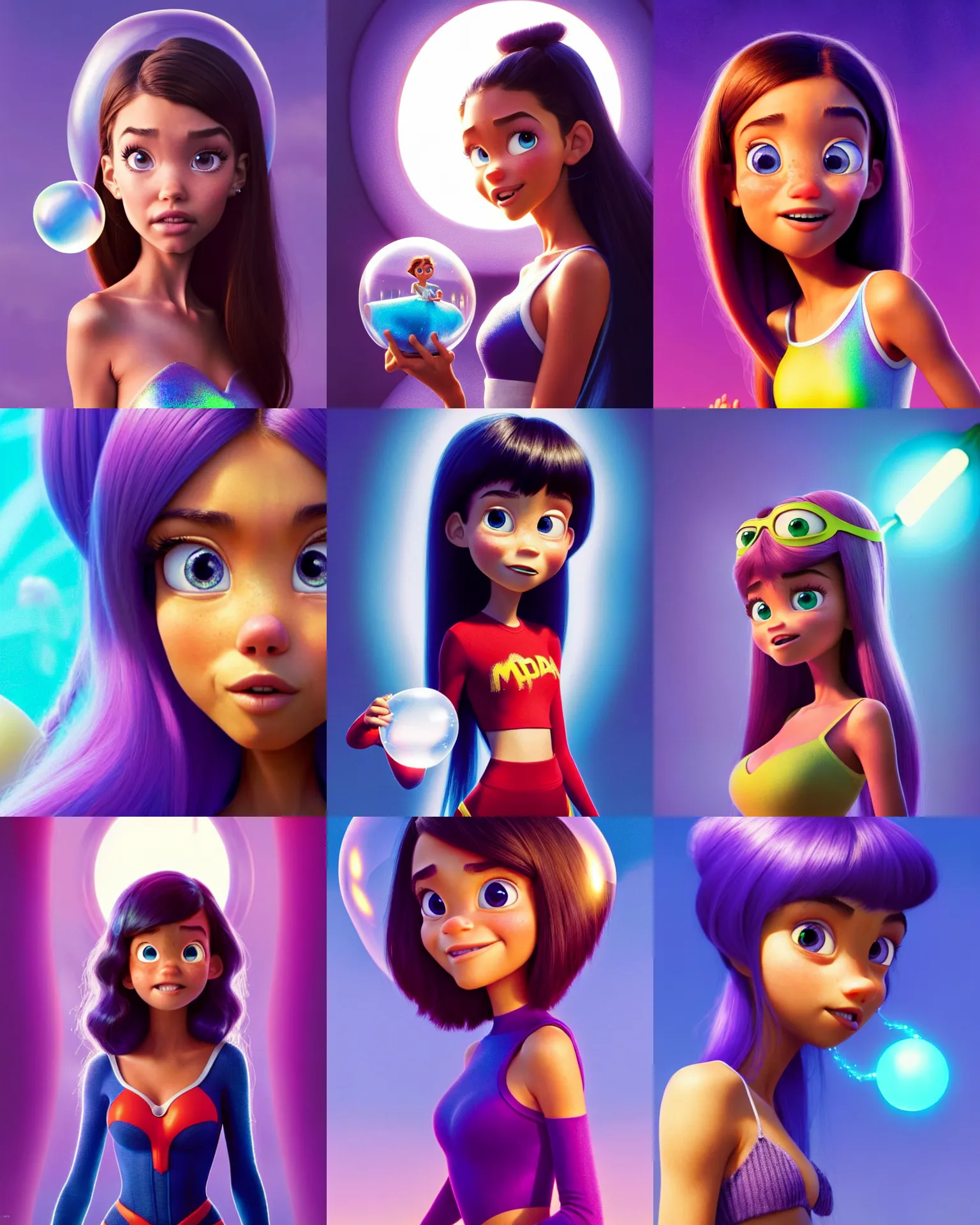 Prompt: pixar movie still portrait photo of madison beer, jessica alba : : as hero bubble woman by pixar : : by weta, greg rutkowski, wlop, ilya kuvshinov, rossdraws, artgerm, marvel, maxim magazine cover, rave girl, unreal engine, beads of sweat, iridescent, bright morning, anime girl, : :