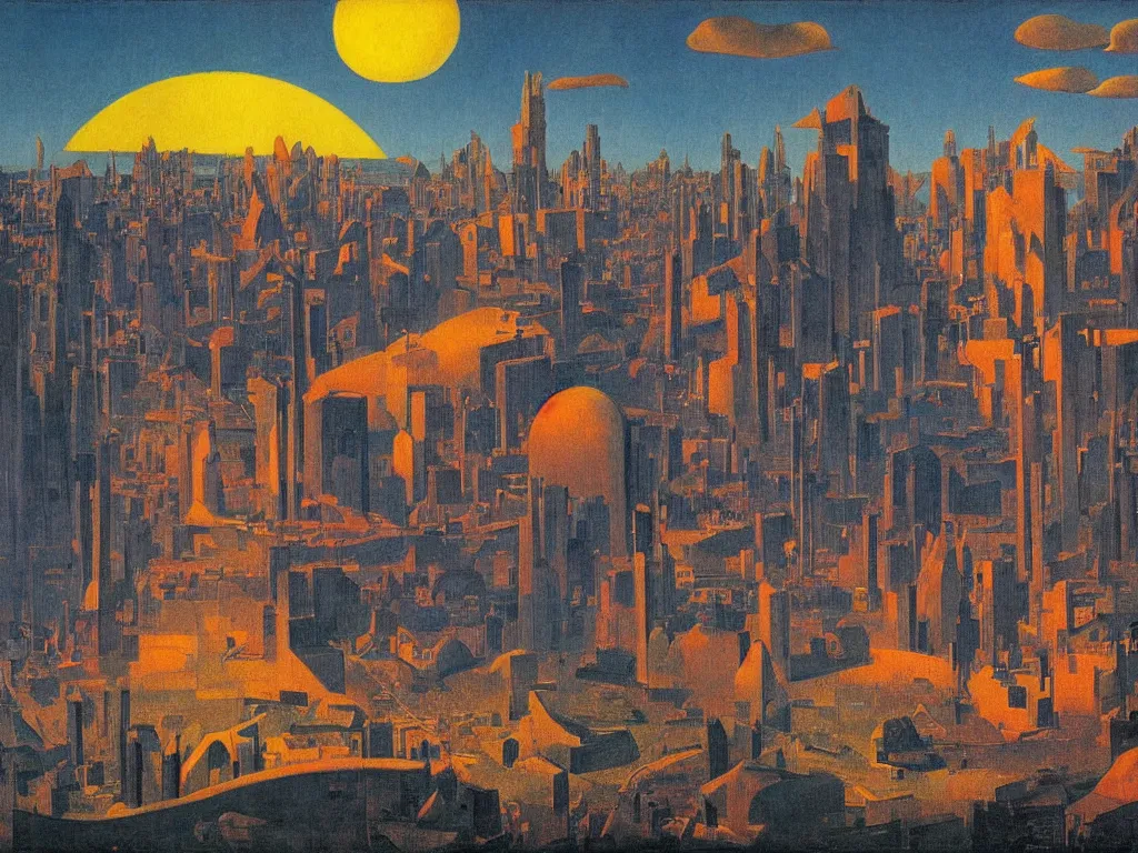 Image similar to Sponged city, sunset with flares, Socotra, baobab metropolis, Balinese dragons, desolation of the leaf Painting by Rene Magritte, Moebius, Jean Delville, Max Ernst, Maria Sybilla Merian