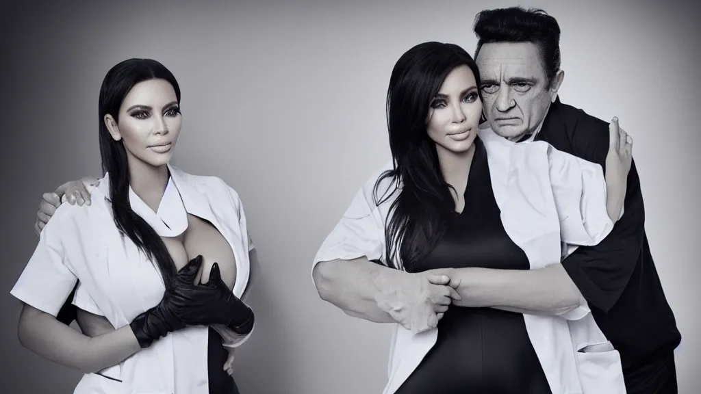 Image similar to johnny cash hugging kim kardashian, kim wearing a skintight nurse outfit, real photo, photoshooting, studio light, hospital background, intricate, epic lighting, cinematic composition, hyper realistic, 8k resolution, unreal engine 5