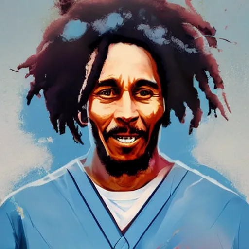 Image similar to bob marley in scrubs as a doctor, by greg rutkowski, great colors, trending on artstation