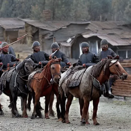 Image similar to a russian town getting pillaged by mongols on horses