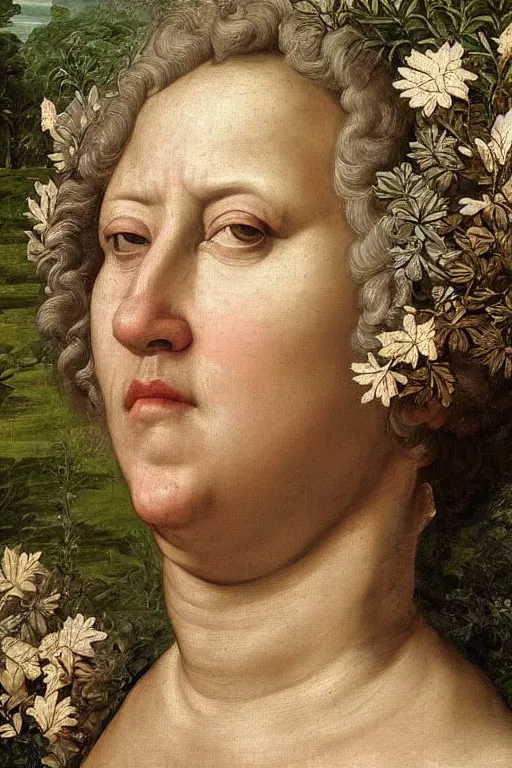 Image similar to renaissance painting of elder in the garden, closeup, short silver hair, a wise face, emotions closeup, dressed in roman armour, the beautiful garden with oak leaves everywhere, ultra detailed, art by Guido Reni style, Vincenzo Catena style