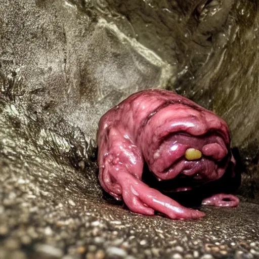 Prompt: glistening wet meaty minion crawling on its knees through a small tunnel, looking up towards the camera, horrifying atmosphere, cave photograph