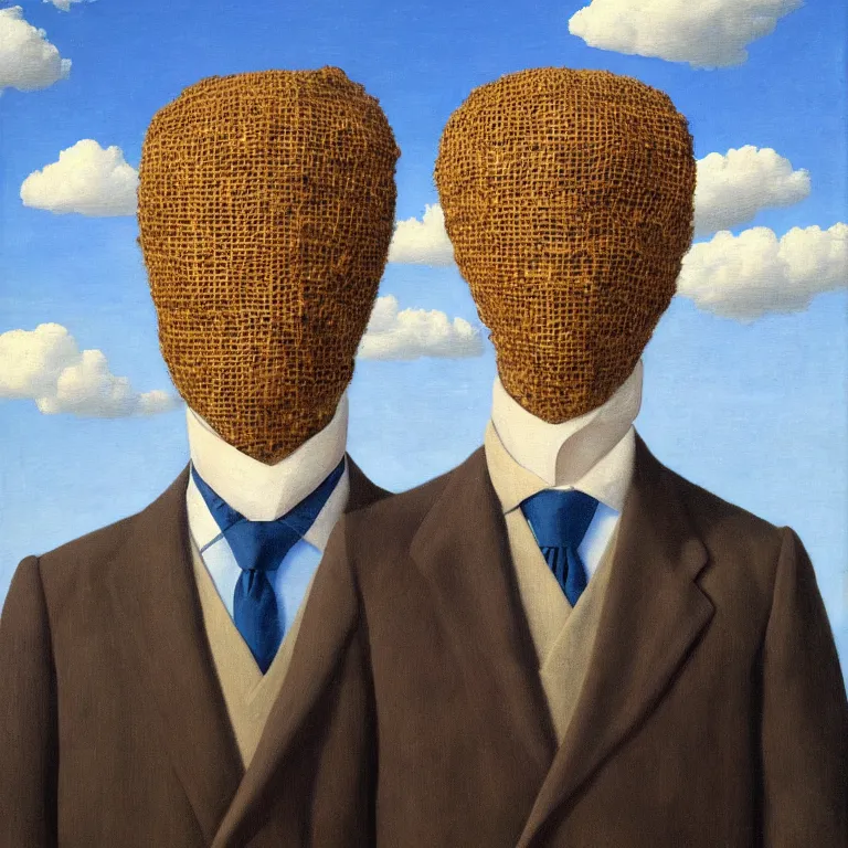 Prompt: portrait of a burlap sack - head man in a suit, clouds in the background, by rene magritte, detailed painting, distance, centered, hd, hq, high resolution, high detail, 4 k, 8 k