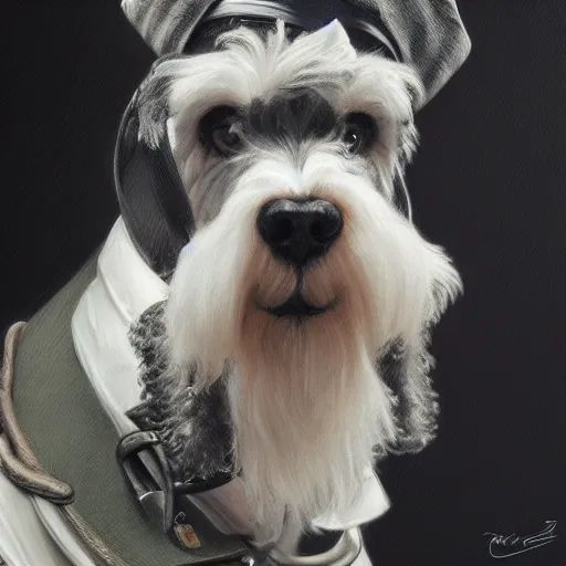 Image similar to portrait of stoic looking miniature schnauzer, military uniform, black fir, white eyebrows, fantasy, intricate, elegant, highly detailed, centered, dark, smokey, charcoal painting, digital painting, artstation, concept art, smooth, sharp focus, illustration, art by artgerm and greg rutkowski and alphonse mucha