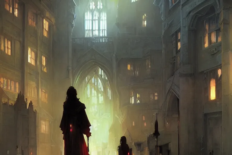 Image similar to Hogwarts, neon lighting, night city, digital art from artstation by Ruan Jia and Mandy Jurgens and Artgerm and william-adolphe bouguereau and Greg Rutkowski and Wayne Barlowe