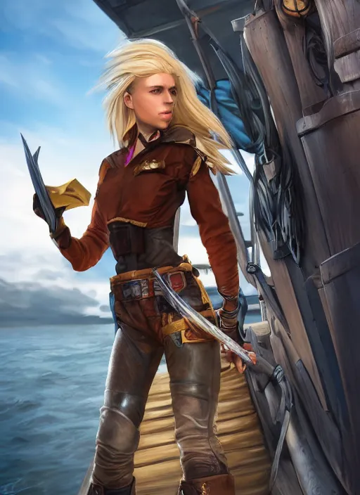 Image similar to An epic fantasy comic book style portrait painting of tall blonde haired female sky-pirate with a serious face and a pony tail in front of a metal gangplank, unreal 5, DAZ, hyperrealistic, octane render, cosplay, RPG portrait, dynamic lighting