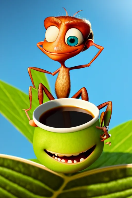 Prompt: a funny ant character with big eyes holding a cup of coffee on top of a leaf at a sunny morning. pixar disney 4 k 3 d render movie oscar winning trending on artstation and behance. ratatouille style.