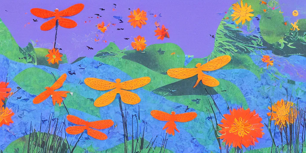 Image similar to dragonflies darting above a peaceful stream. hand - painted collage cut paper. by eric carle