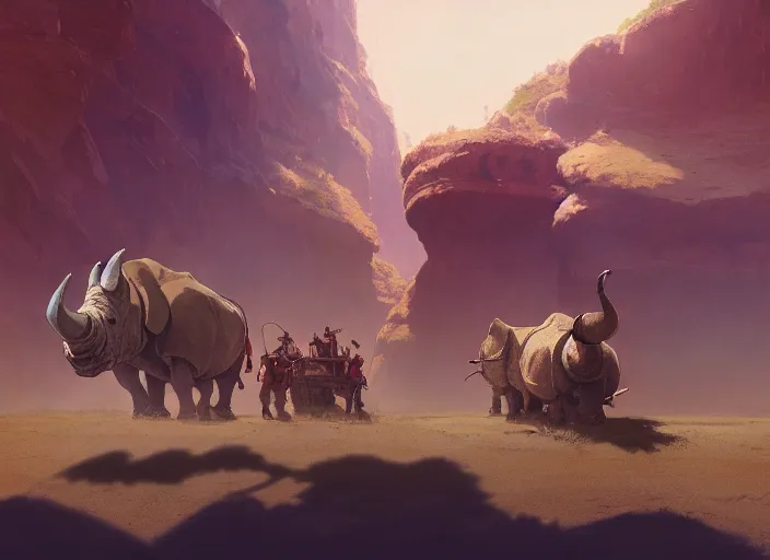 Image similar to the big large expedition with a lot of explores, warriors and adventurers, being brought by gigantic rhinos carrying stuff towards the desert of duhnes medium shot, studio ghibli animation, anime key art by craig mullins, bloom, dramatic lighting