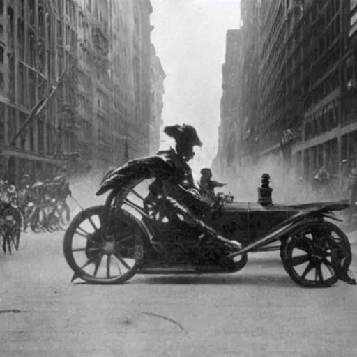Image similar to old black and white photo, 1 9 1 3, depicting a ghost rider rampaging through the bustling streets of new york city, historical record