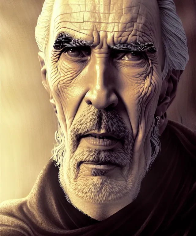 Prompt: portrait christopher lee as saruman as walter white with a bandaid across his nose, caricature, headshot, highly detailed, digital painting, artstation, concept art, sharp focus, cinematic lighting, illustration, art by met mangindaan, artgerm and greg rutkowski, alphonse mucha, cgsociety