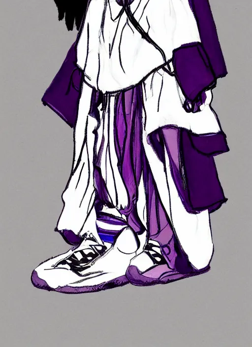 Prompt: ! dream a black and white rough sketch with slight purple tones of a girl wearing traditional clothing of a japanese miko in the harajuku style wearing yeezy 5 0 0 sneakers