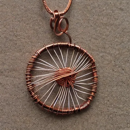 Image similar to a beautiful circular pendant made from sand and dirt, that is bound together by copper wire