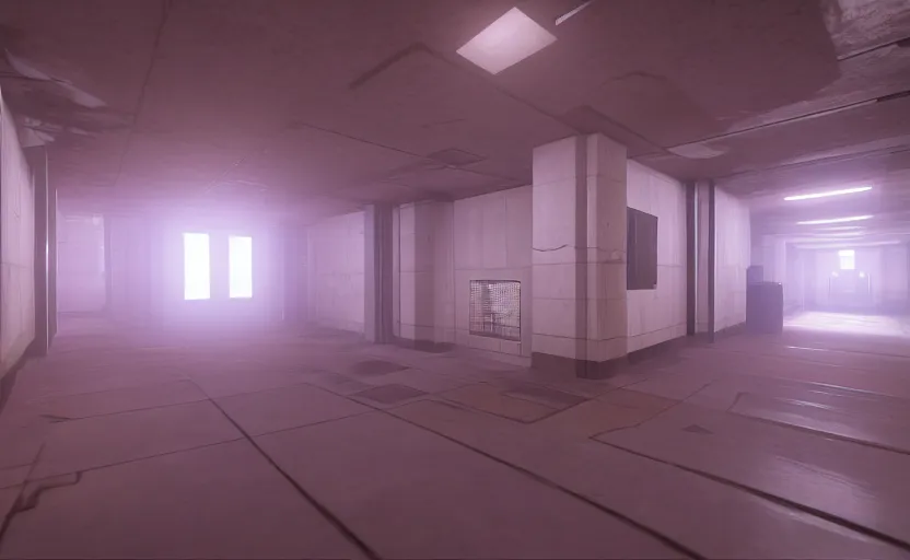 Image similar to screenshot of a game on unreal engine 5, narrow modern hallways of a secret government facility, photorealistic, liminal, retrofuturism, minimalism, soft vintage glow