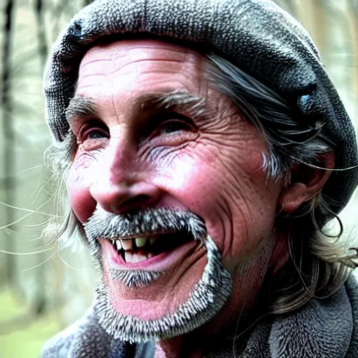 Image similar to christian bale as an old druid wizard, bald, bushy grey eyebrows, long grey hair, disheveled, wise old man, wearing a grey wizard hat, wearing a purple detailed coat, a bushy grey beard, sorcerer, he is a mad old man, laughing and yelling