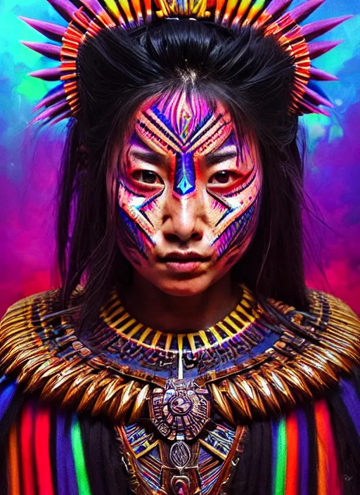 Image similar to portrait of karen fukuhara, hyper detailed ultra sharp aztec shaman warrior. trending on artstation, warpaint aesthetic, bloodwave, colorful, psychedelic, ornate, intricate, digital painting, concept art, smooth, sharp focus, illustration, art by artgerm and greg rutkowski and h. r. giger, 8 k