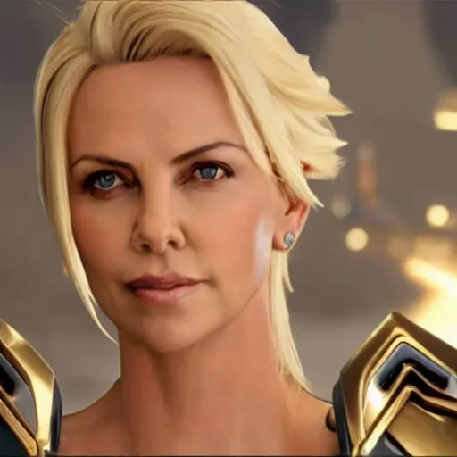 Image similar to film still of charlize theron as mercy in overwatch ( 2 0 2 3 )