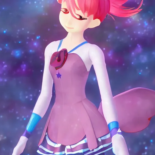 Image similar to A beautiful portrait of a magical girl from the rainbow sky paradise in the process of transforming into her magical girl outfit, character design by Goro Fujita, very beautiful background by Makoto Shinkai, Pixiv 3DCG, Daz Studio