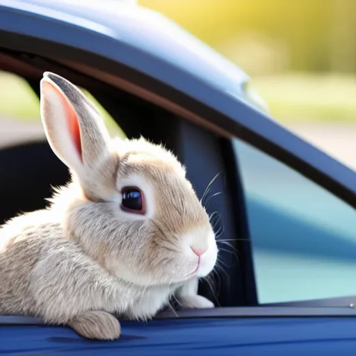 Image similar to a cute bunny driving a convertible, studio photo, high quality