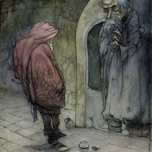 Image similar to dilapidated man begging with ragged mutt on streetcorner. illustration by Brian Froud and John Bauer