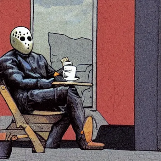 Image similar to photograph of jason voorhees having a coffee at an european caffé