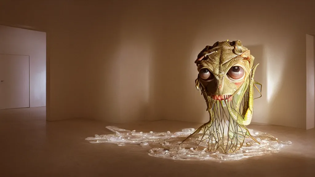 Image similar to the giant praying mantis head in the living room made of wax and water, film still from the movie directed by Denis Villeneuve with art direction by Salvador Dalí, wide lens