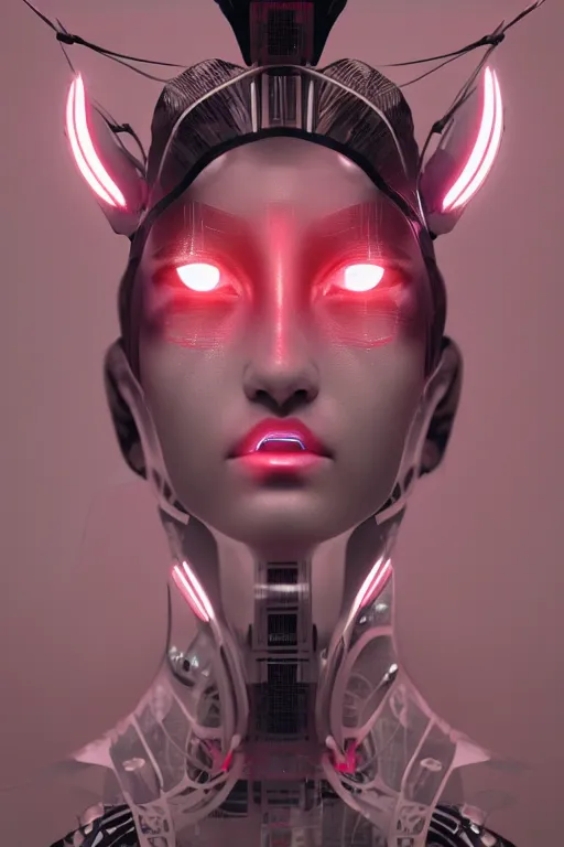 Prompt: cyber geisha by Ash Thorp and Andrei Riabovitchev, red green LED lights, extremely beautiful and proportionate face, sharp focus, hyper detailed, octane render, biomechanical