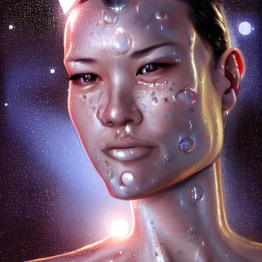 Image similar to cyborg sweating water, big drops of sweat, forehead only, by Hajime Sorayama, airbrush art, beautiful face, highly realistic, star flares, trending on artstation, beautiful lighting, sharp, details, hyper-detailed, HD, HDR, 4K, 8K